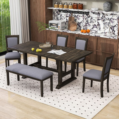 Ensemble de table de salle à manger 6 pièces, table de salle à manger extensible avec rallonge amovible, 4 chaises rembourrées et banc