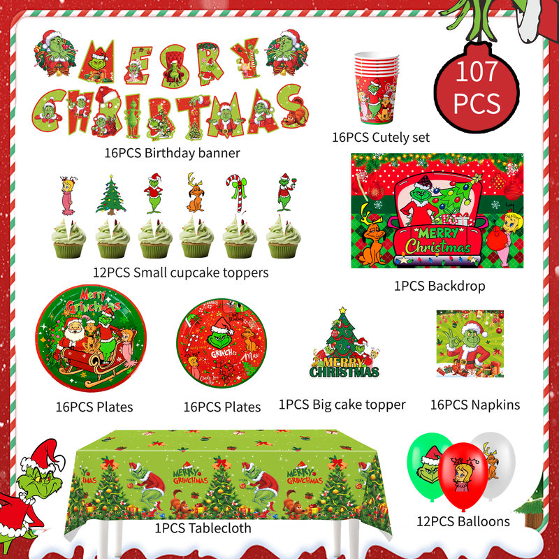 Christmas Grinch Party  Supplies,107 Pcs Grinch Party Decorations and Tableware