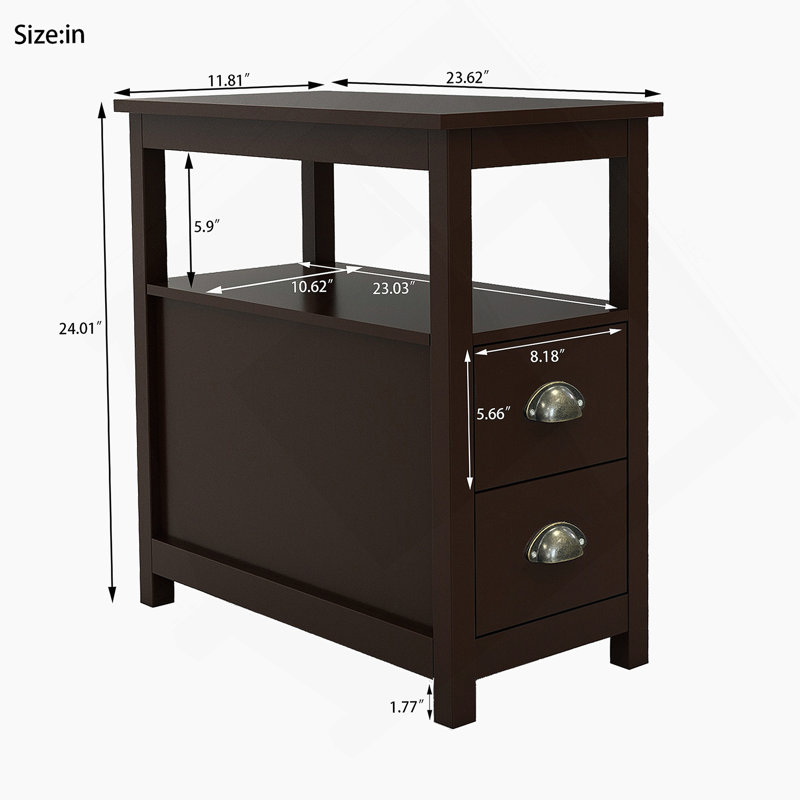 Table de chevet étroite avec deux tiroirs et tablette ouverte - brun