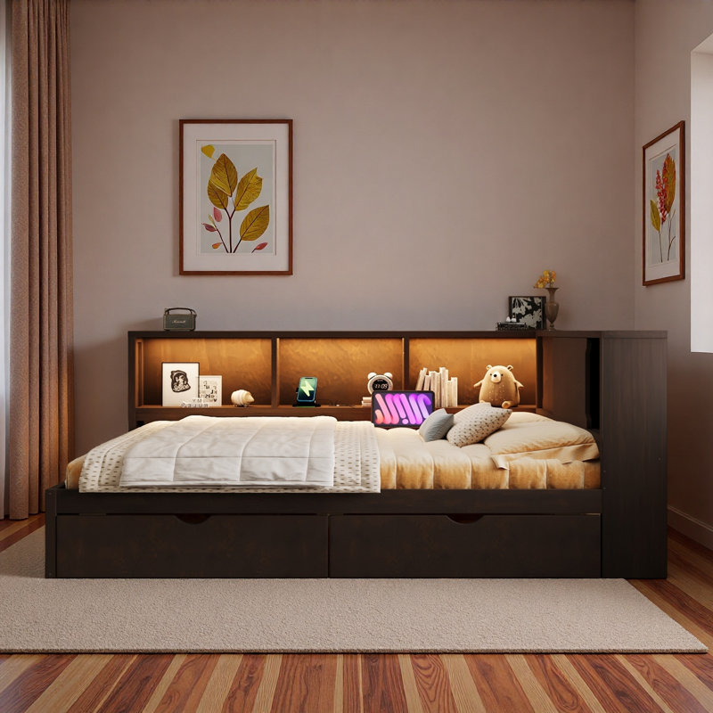 Wood Daybed With Storage Shelves, Usb Ports, Led And 2 Drawers, Brown