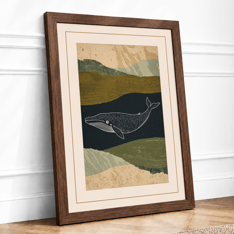 Whale and Mountain Coastal - Framed Print, A2 - 59.4 x 42.0 cm, Walnut