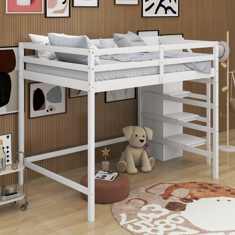 Full Size Loft Bed With Storage Wardrobe, White