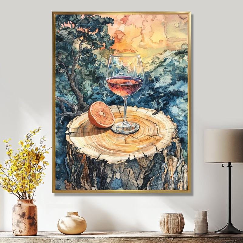 Gillyard pamplemousse avec verre de vin dans un vignoble - Décoration murale vignoble, H 20 po x l 12 po, Doré