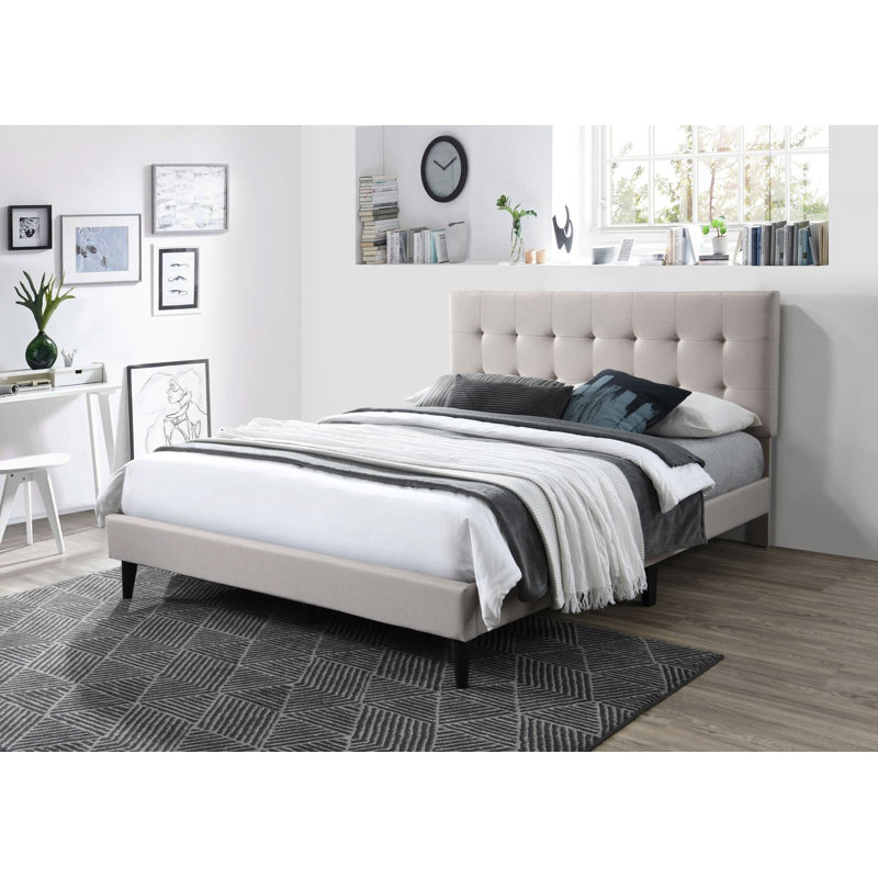 Upholstered Platform Bed, Queen, Sand Beige