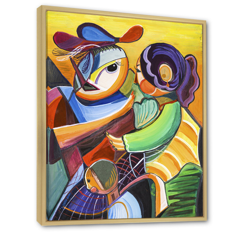 Abstrait deux femmes rencontrant - peinture, H 20 po x l 12 po x P 1 po, Cadre flottant brun
