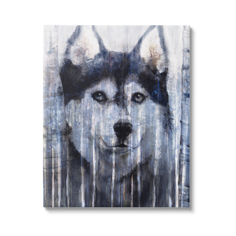 «Sourire Husky Dog» rustique avec bouleau superposé par Kamdon Kreations - cadre flottant, impression, Toile tendue