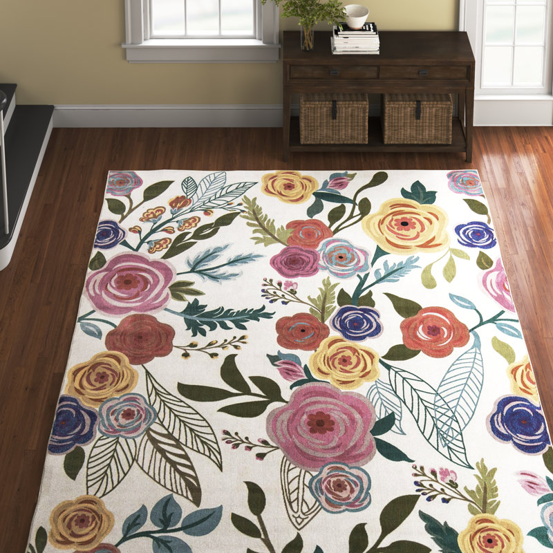 Tapis ivoire à motif floral Daignault, Rectangle de 10 pi x 14 pi