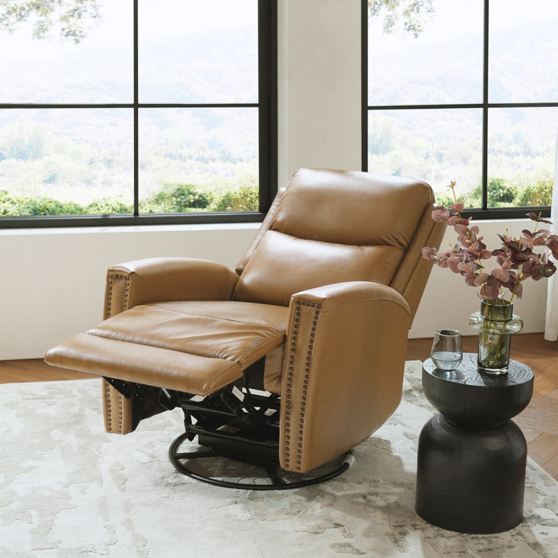 Chikako Genuine Leather Swivel Rocker Manual Recliner, Camel Genuine Leather