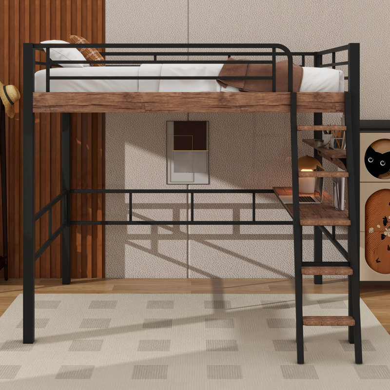 Lit mezzanine en métal avec bureau intégré, Lit double