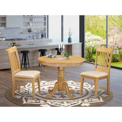 L'ensemble de table et chaises de cuisine 3 pièces comprend une table de salle à manger ronde avec piédestal et 2 chaises rembourrées en tissu de lin, 36 x 36 pouces, chêne