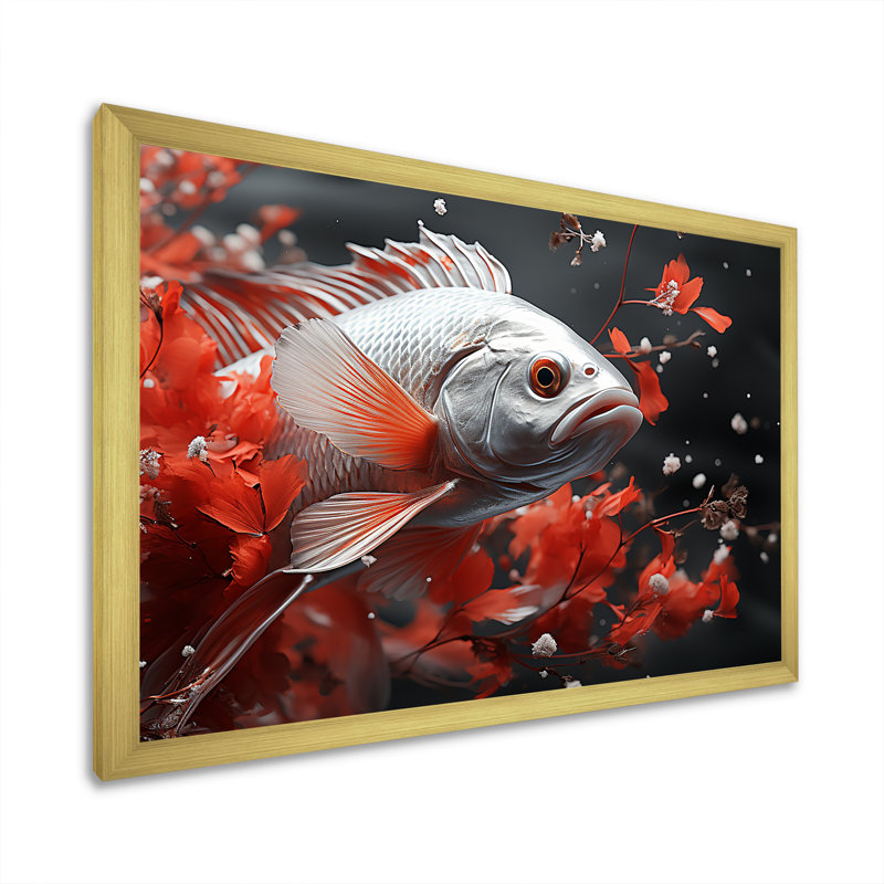 " Red And Gray Kois Fish Swimming With Serenity III ", Gold Single Picture Framed, 12" H x 20" W x 1" D