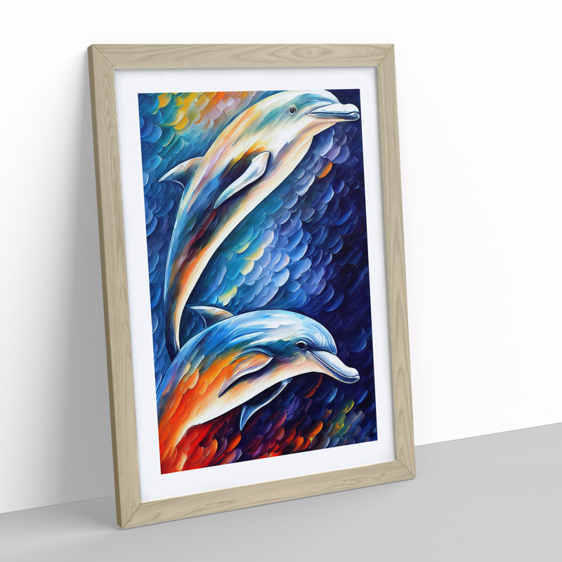 Two Dolphin No.2 - Wall Art, 46cm H x 34cm W x 2cm D, Paper Oak Framed