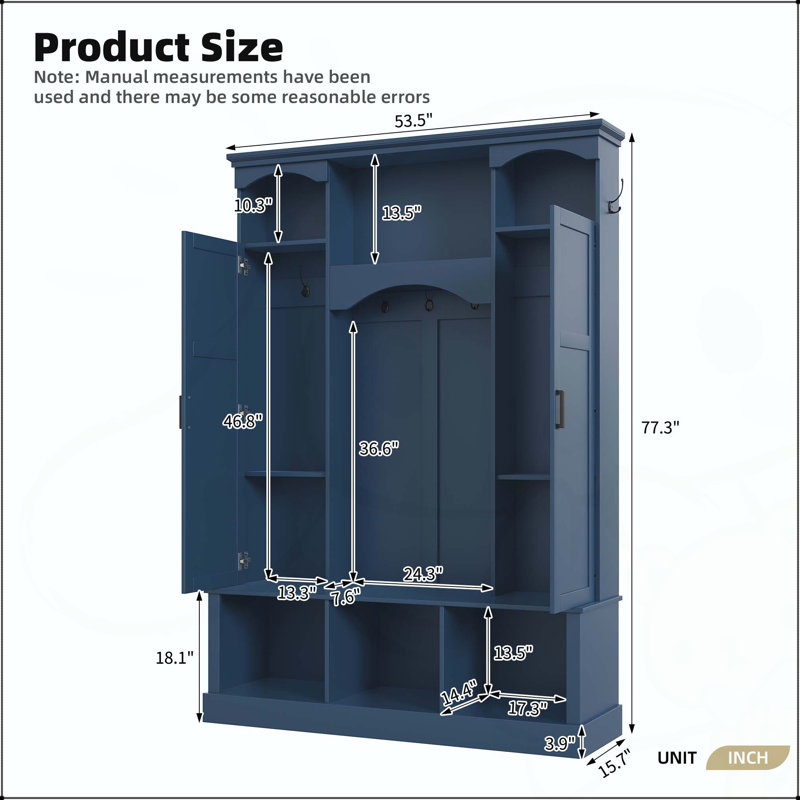 All-in-One Hall Tree with Adjustable Side Cabinets and Arched Design, Blue
