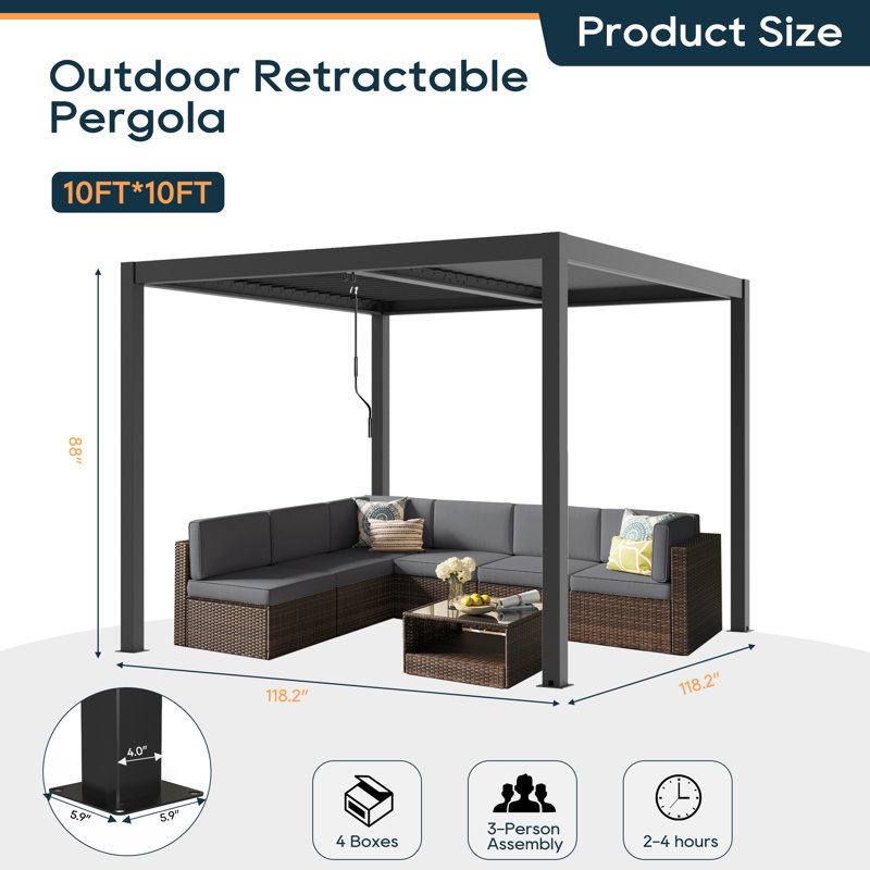 Pergola d'extérieur Pergola avec toit rétractable pour terrasse, Noir