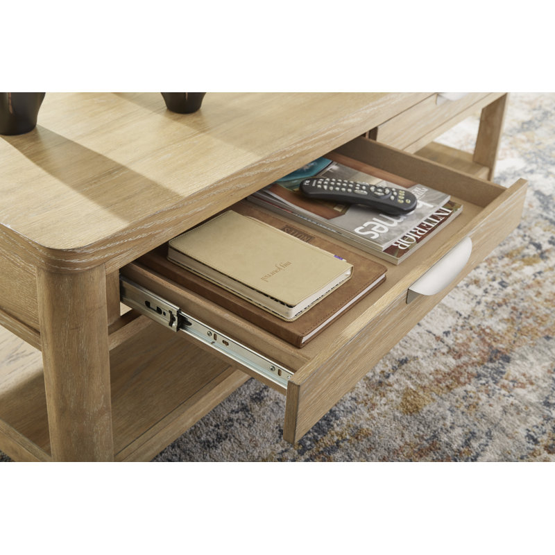 Light Brown Rectangular Wood Coffee Table with Storage