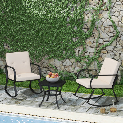 Ensemble bistro 3 pièces avec chaises et chaises berçantes d'extérieur avec coussin rouge et table basse avec plateau en verre trempé