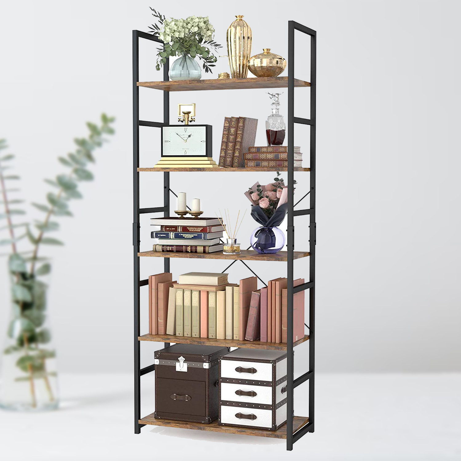 HSH 6 Tier Tall Bookshelf, Wood and Metal Vertical Display Book Shelf,  Industrial 6 Shelf Bookcases