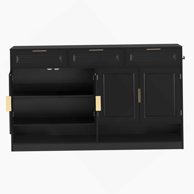 Buffet avec 3 tiroirs et 4 portes, buffet de rangement avec tablette réglable et compartiments de rangement ouverts, Black