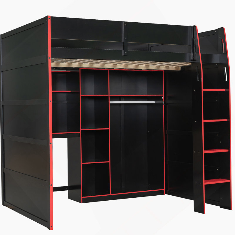 Lit mezzanine en bois pleine grandeur avec bureau, garde-robe ouverte, compartiments de rangement et lumières RVB, rouge