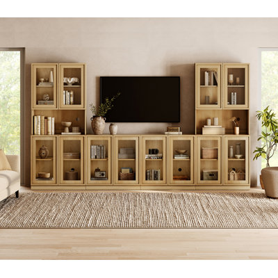 Meuble télé mural avec bibliothèque à porte en verre, centre de divertissement à 3 niveaux avec 4 armoires de rangement et tablette réglable, console multimédia avec portes en verre pour le salon