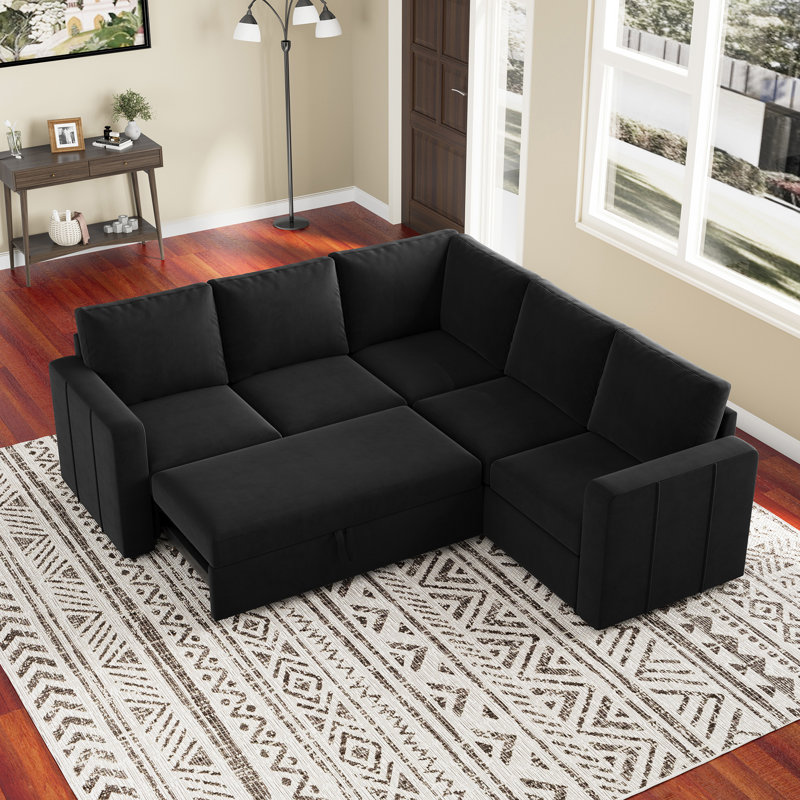 Aubade Storage L-Shaped Modular Sofa Set With Pull-Out Sofa Bed, Black Velvet