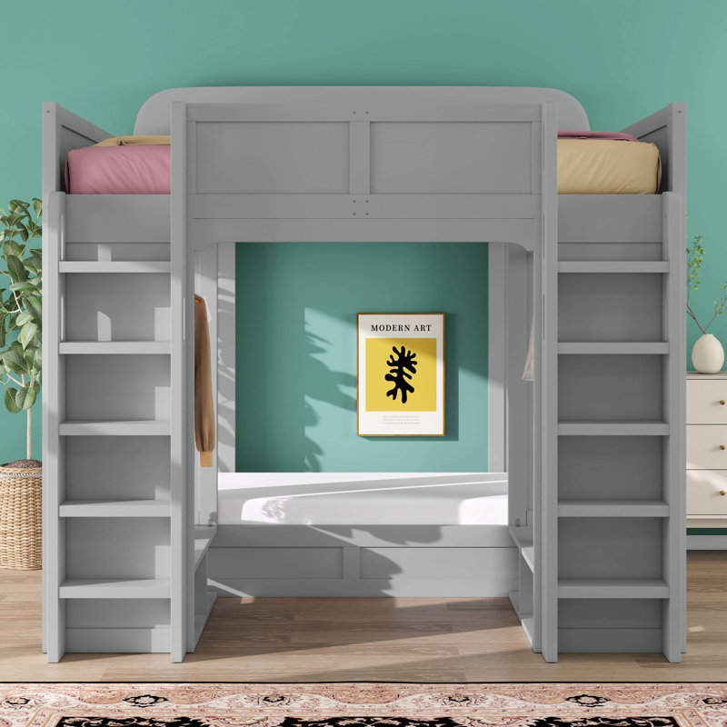 Triple Bunk Bed With Storage Shelves & Hooks, Space-Saving 3-Tier Bunk Bed, Twin +Twin Over Twin XL Bed, Gray