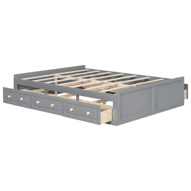  Grand lit plateforme en bois avec 6 tiroirs de rangement, pin massif, gris, Gris