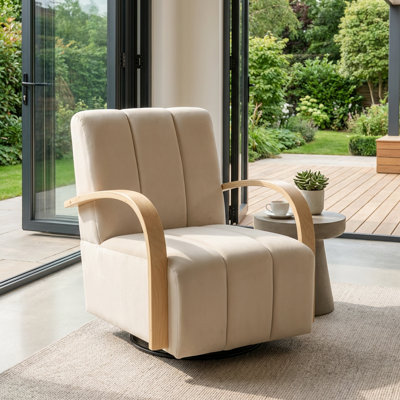 Chaise d'appoint moderne pivotante rembourrée avec accoudoirs en bois massif et conception capitonnée