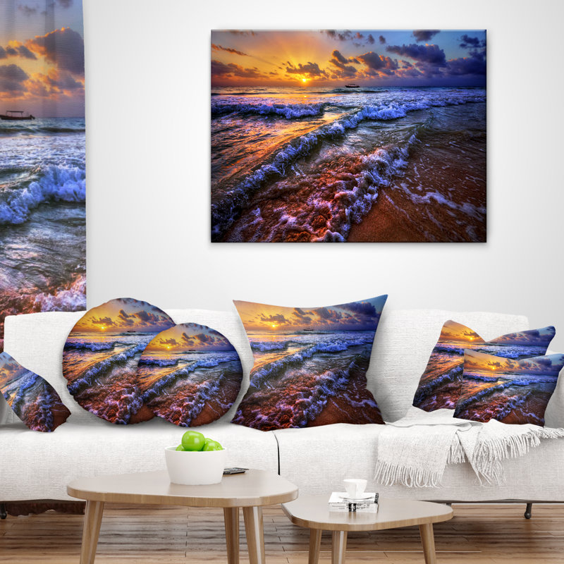 Sunset over Blue Tinged Waves - Sea & Shore Printed Throw Pillow