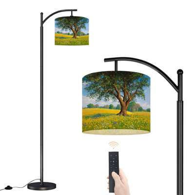 Arc Floor Lamp Vibrant Spring Meadow Green Tree Colorful Wildflowers Floor Lamps with Remote LED Lights Adjustable Lamp Shades Tall Standing Lamps for Reading Office Living Room