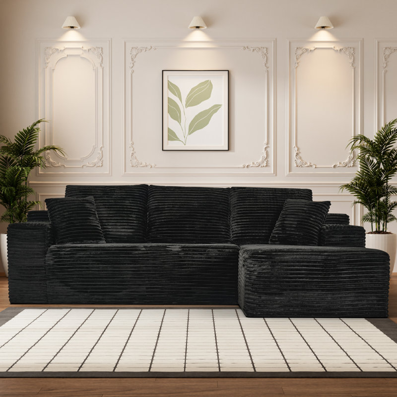 Canapés modulaires à compression, 272 cm (107 po) en velours côtelé, forme moderne en L pour la maison, Noir 2