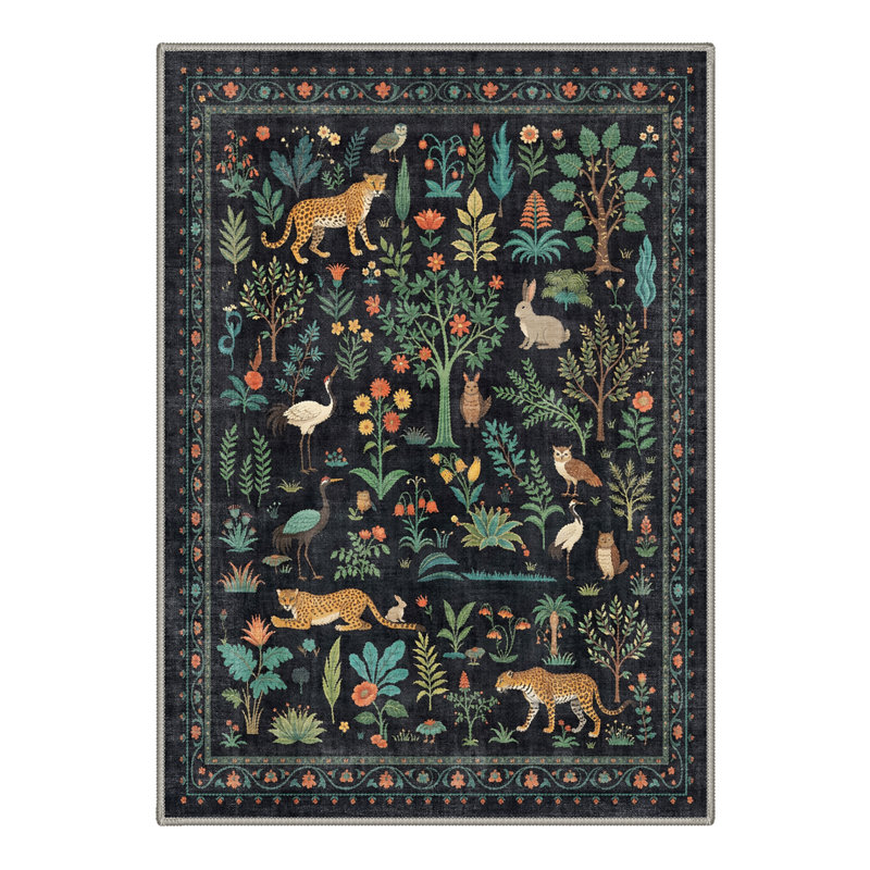 Veridian Floral Machine Washable Green / Black Indoor Area Rug with Non-Slip Backing, Round 5'