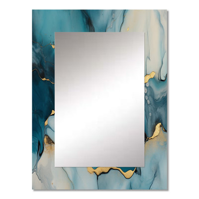Makhi Turquoise Gold Infused Marble IV - Fractals Wall Mirror, Modern Decorative Mirror, Printed Metal Art