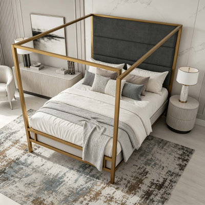 Modern Gold Canopy Bed with 76.5" Tall Linen Fabric Upholstered Headboard Metal 4-Poster Bed Frame, Box Spring Needed