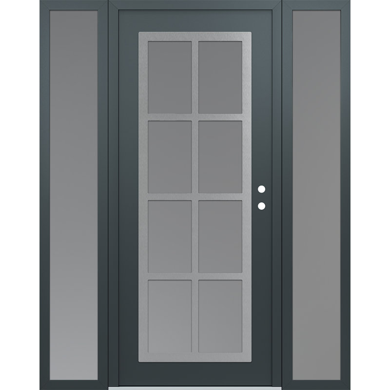 C16 à gauche 68 po X 80 po Panneau d'entrée en acier argenté anthracite et verre givré anthracite avec 2 portes d'entrée avant en verre givré à panneaux latéraux
