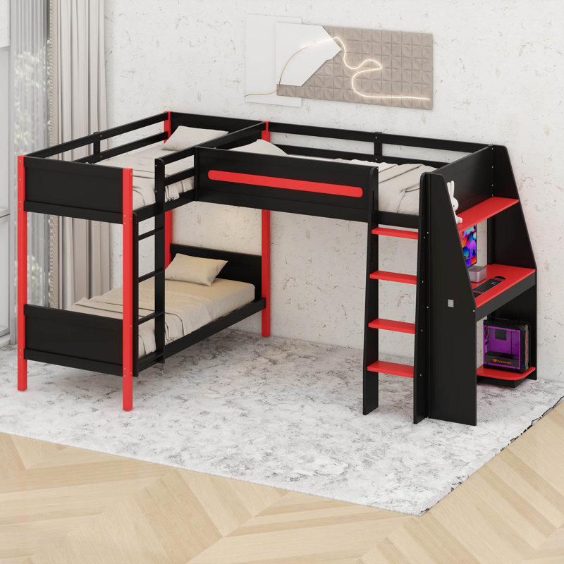 Lit superposé simple au-dessus de simple en L, lit mezzanine de jeu avec bureau, étagère de rangement et éclairage DEL