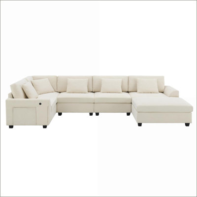 Sectional Sofas U Shaped 6-Seat Chenille Sofa with Ottoman, Storage, Cup Holders, USB Ports for Living Room | Light Gray | Chenille