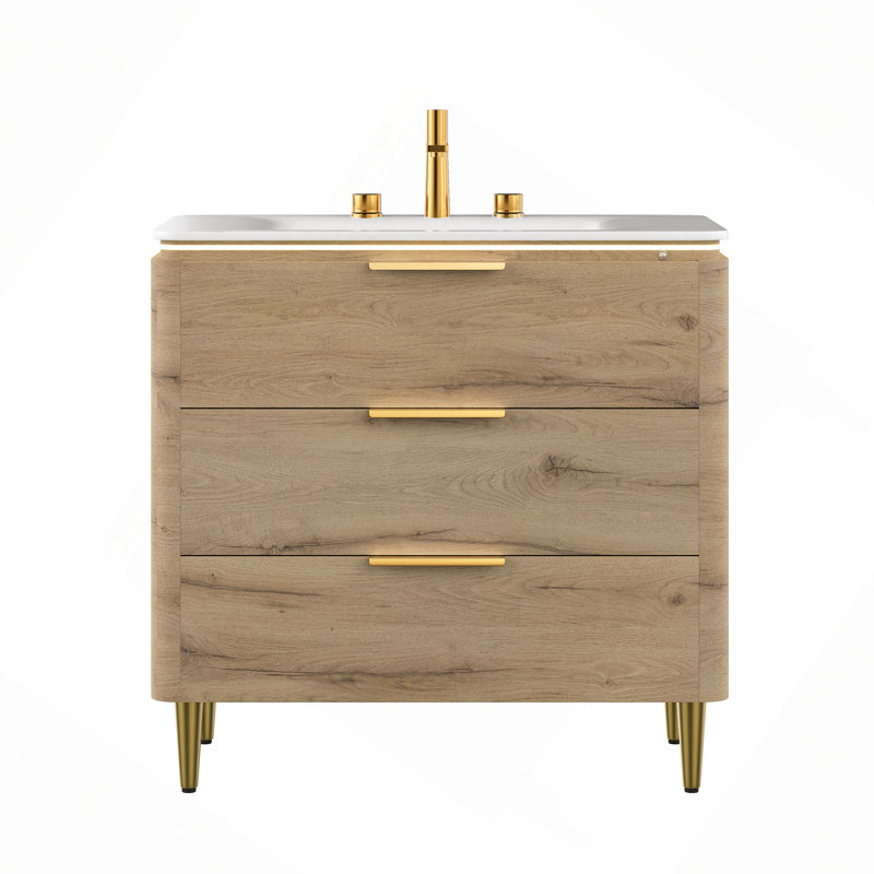 Meuble-lavabo de salle de bain 36 po avec évier, meuble de rangement autoportant en contreplaqué à bords arrondis avec 3 tiroirs, lavabo intégré en pierre frittée blanc de Carrare, pré-assemblé