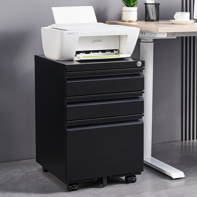 Classeur de bureau en métal à 3 tiroirs, finition noire, installation requise, 2 clés pour sécuriser tous les tiroirs, 1 plateau à crayons, 3ème pour le rangement en vrac, 4 roulettes pivotantes à 360 °, armoire facile, couleur