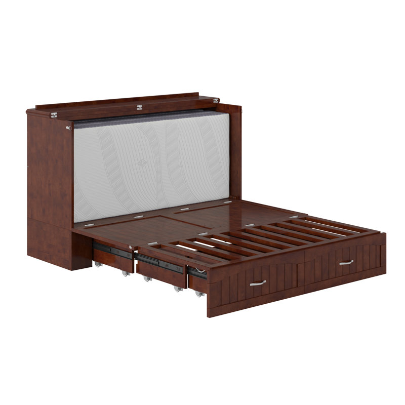 Fabiano Storage Murphy Bed with 6" Mattress, Storage and Built-in Charger, Walnut, Queen