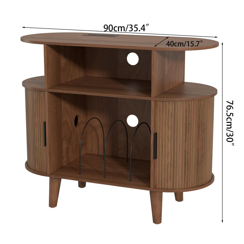 Round Record Player Stand With Charging Station, Turntable Stand Table With Open Storage, Audio Rack, Walnut