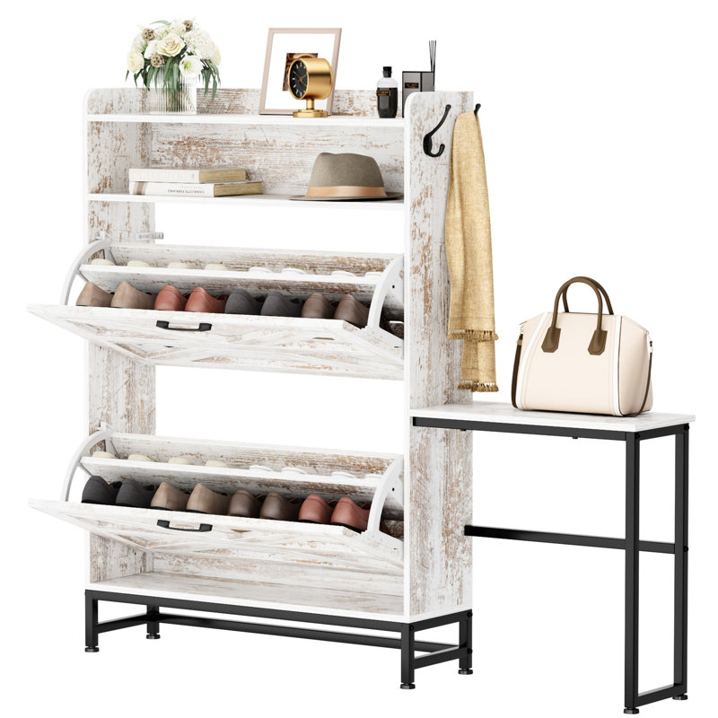 Rangement pour chaussures de grande capacité en blanc, 2 tiroirs rabattables avec fentes réglables, rétro rustique, basculant, armoire d'entrée pour le vestibule: tiroir amovible de style rétro et pantoufle
