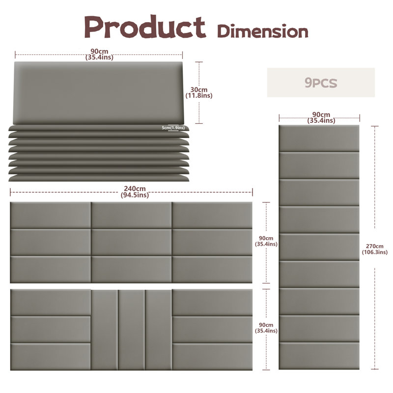 Panneau mural peler et coller avec compression en similicuir, Gris, H 11,9 po x l 35,4 po
