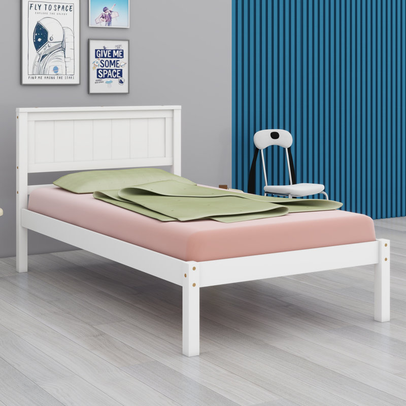 Structure de lit plateforme avec tête de lit, support en lattes de bois, Blanc