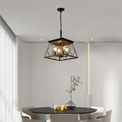 16" Black Industrial 4-Light Pendant Chandelier, Modern Metal Cage Design, Adjustable Hanging Light For Dining Room, Kitchen, Living Room (No Bulbs)