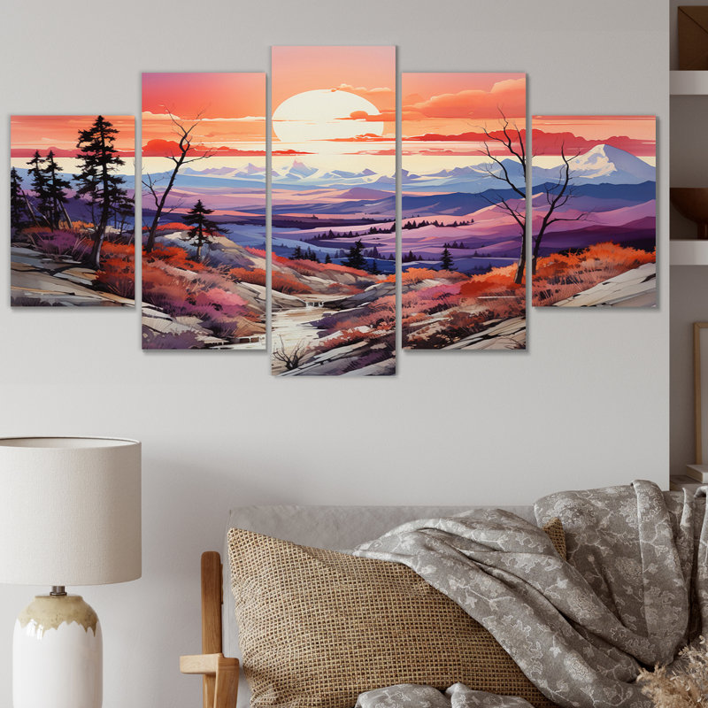 Pêches, montagnes mauves, Sierra Sunrise - art mural sur toile, 5 panneaux