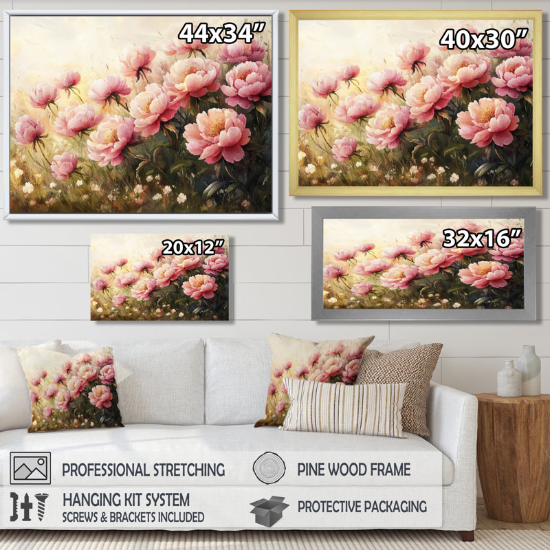 Pivoines dans le champ balayé par le vent II - pivoines, art mural, H 12 po x l 20 po, Cadre simple argenté