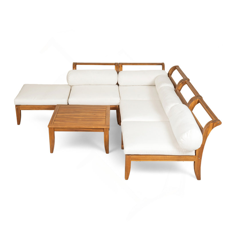 Ensemble de canapé de patio 6 pièces, ensemble de conversation modulaire d'extérieur en bois d'acacia, ensemble de conversation en forme de L, lit de jour convertible avec table à thé, repose-pieds, 5 coussins et coussins, teck et beige