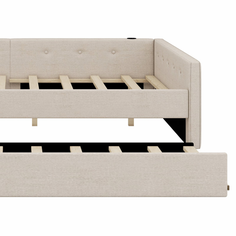 Upholstered Platform Bed With USB And Trundle, Queen