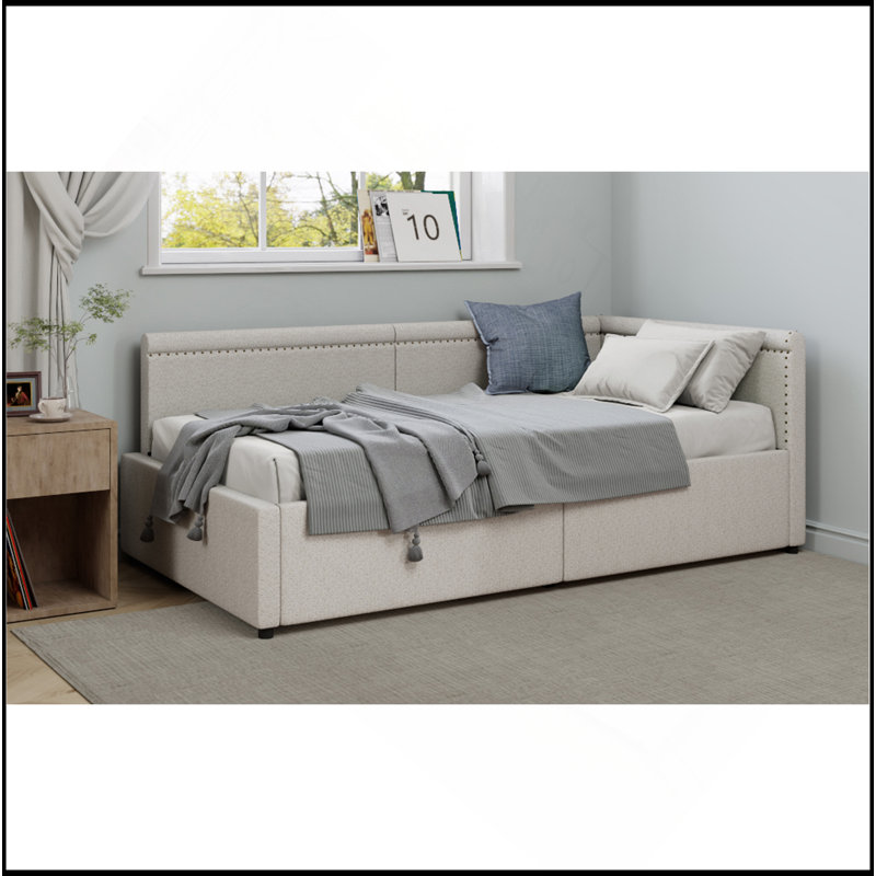 Modern Style Twin Size L Shape Corner Bed, Linen Upholstered  Daybed  With Two Storage Drawers, Beige